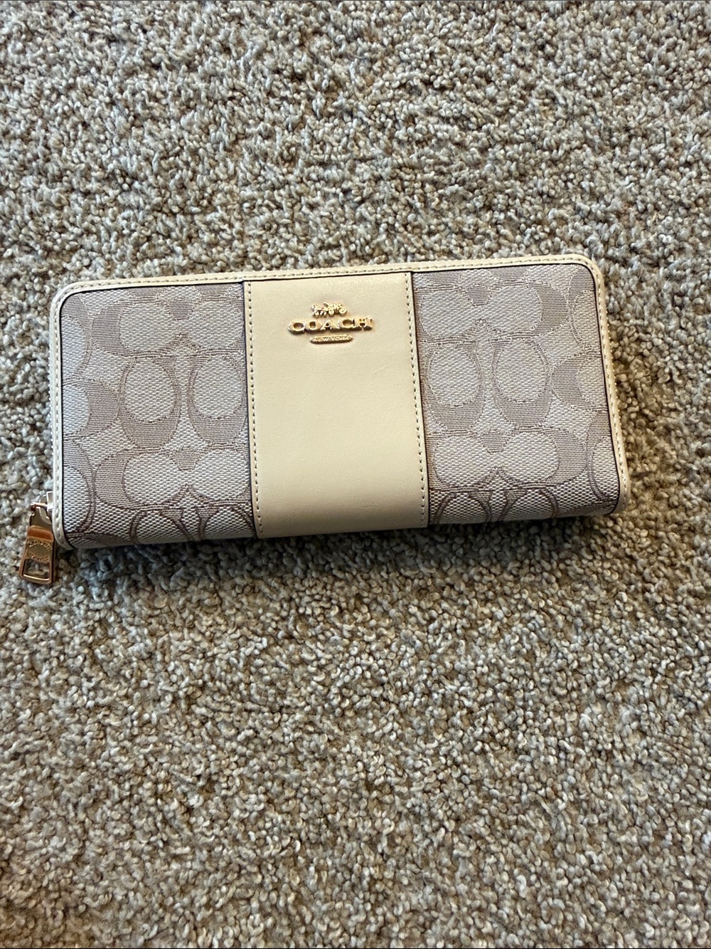 Coach Beige Signature Zip Wallet with Cream Leather Panel